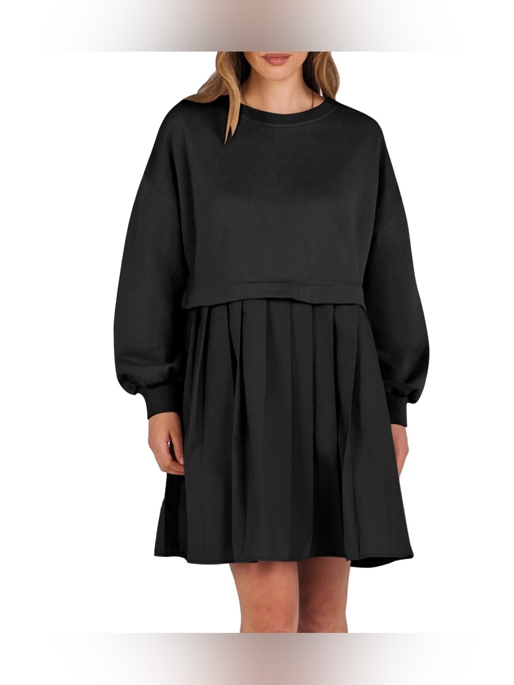 Black Pleated Sweatshirt Dress - Large